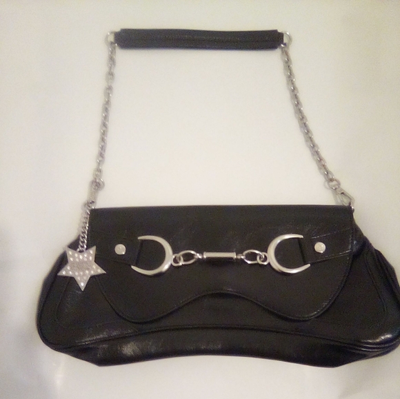 Paris Hilton Women's Rider Large Shoulder Baguette Bag Black Silver Chain - Picture 3 of 16